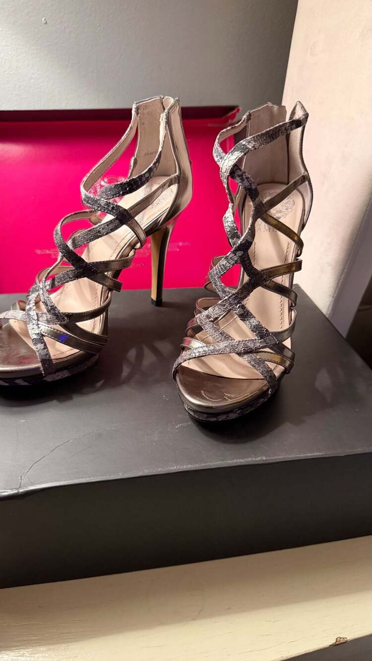 Vince Camuto Strappy Metallic and Snakeskin Print Gladiator Caged Stiletto Heels